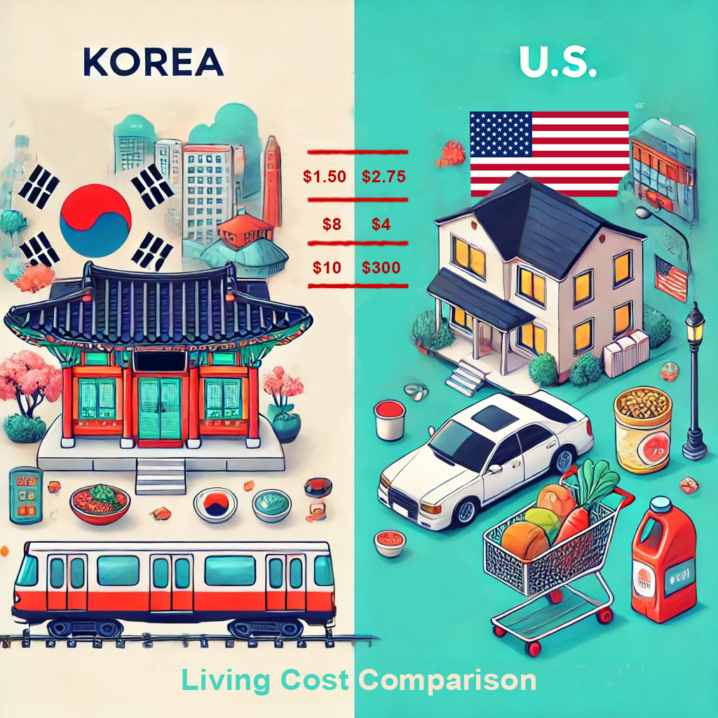 A comparative infographic of living costs in Korea vs. the U.S., highlighting expenses like housing, transportation, and dining.