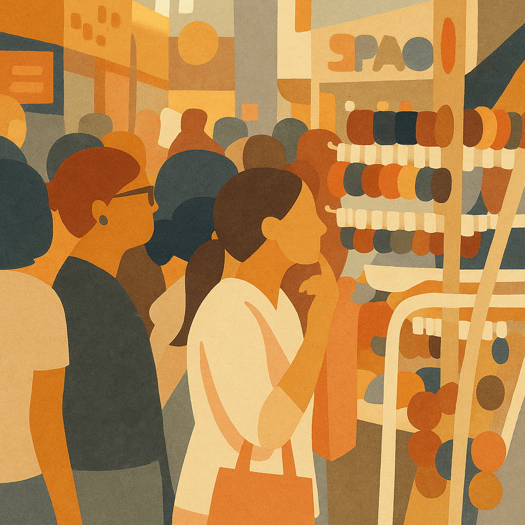 An abstract-style illustration showing a crowded Korean street market with faceless figures standing close together, symbolizing Korea’s “uri culture” and shared social space.